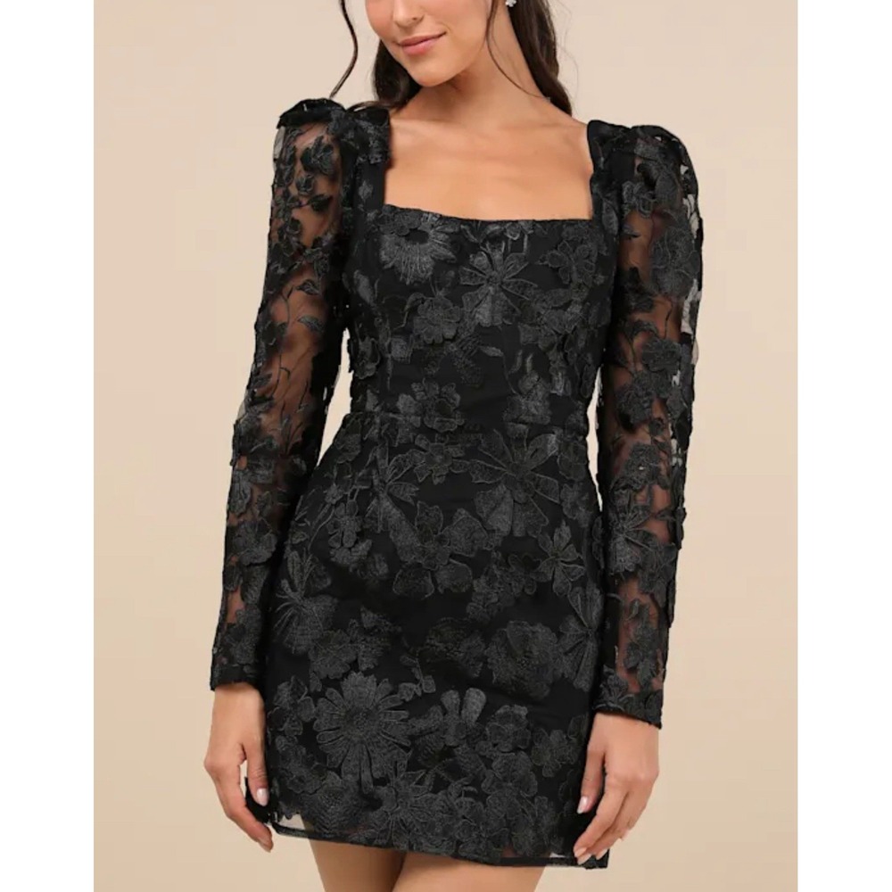 Lulus NWT Masterfully Eloquent Black 3D Floral Mini Dress XL Prom Formal Party